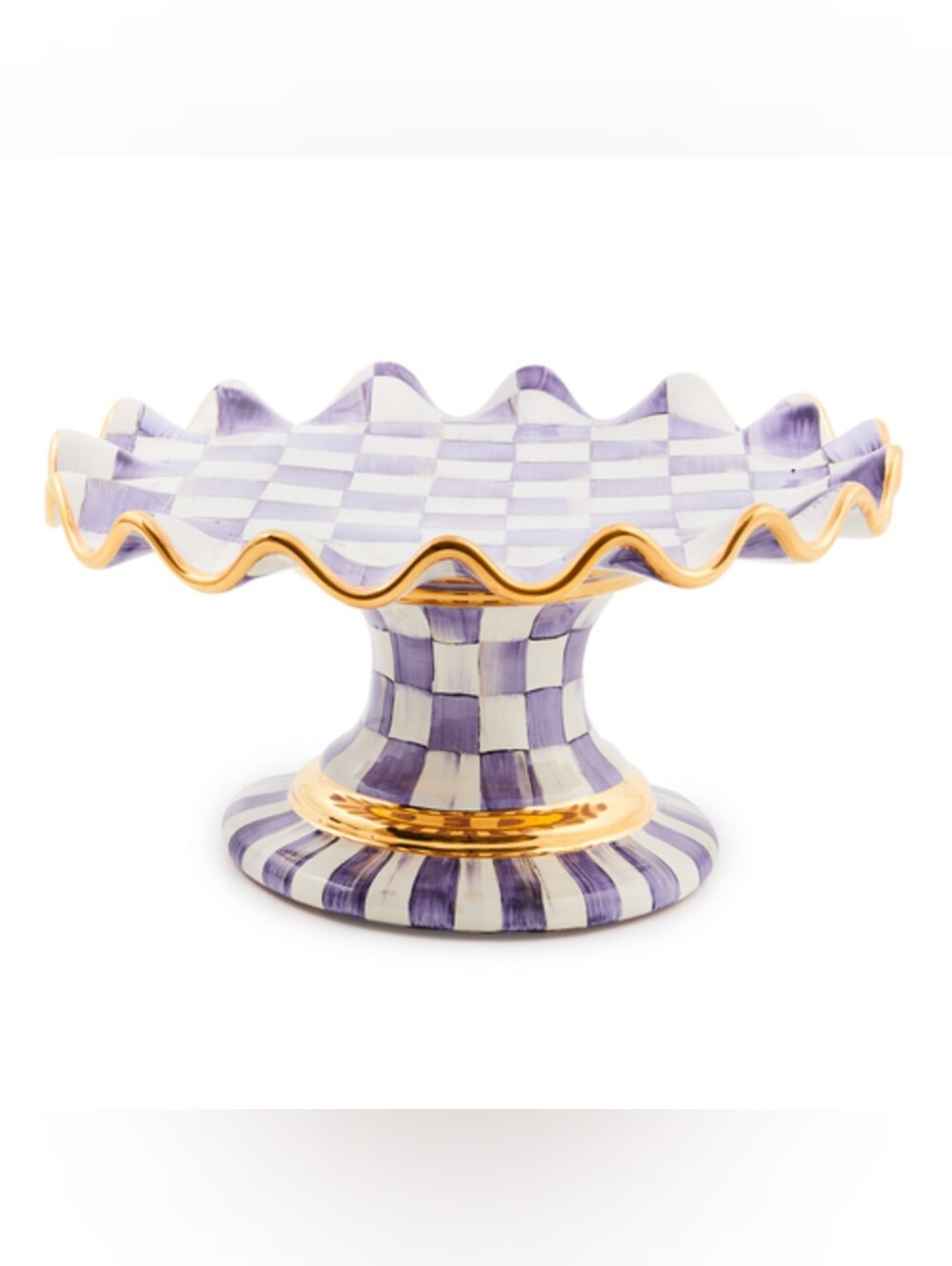 MacKenzie-Childs Lavender Check Pedestal Cake Stand with Gold Trim